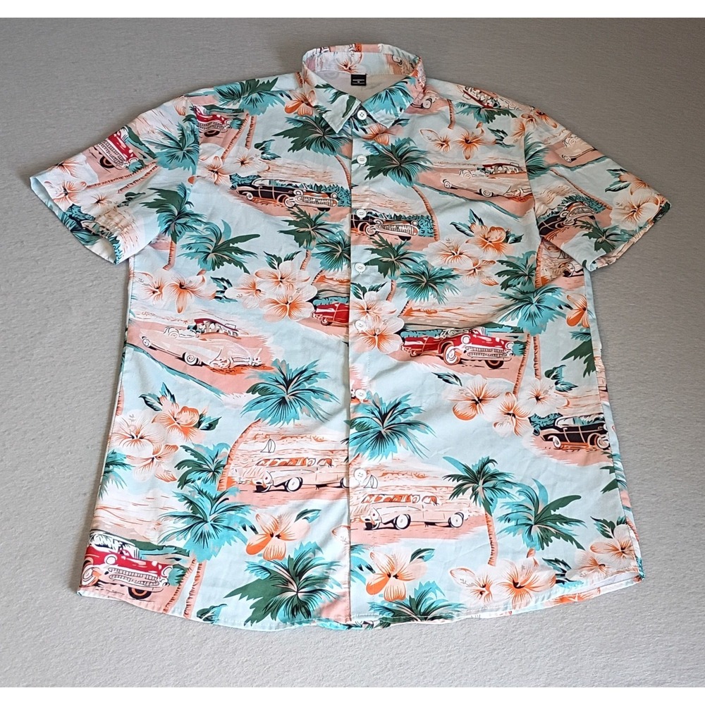 Hawaiian Shirt Mens Med Button Up Short Sleeve Beach Cruise Cars Retro Manfinity